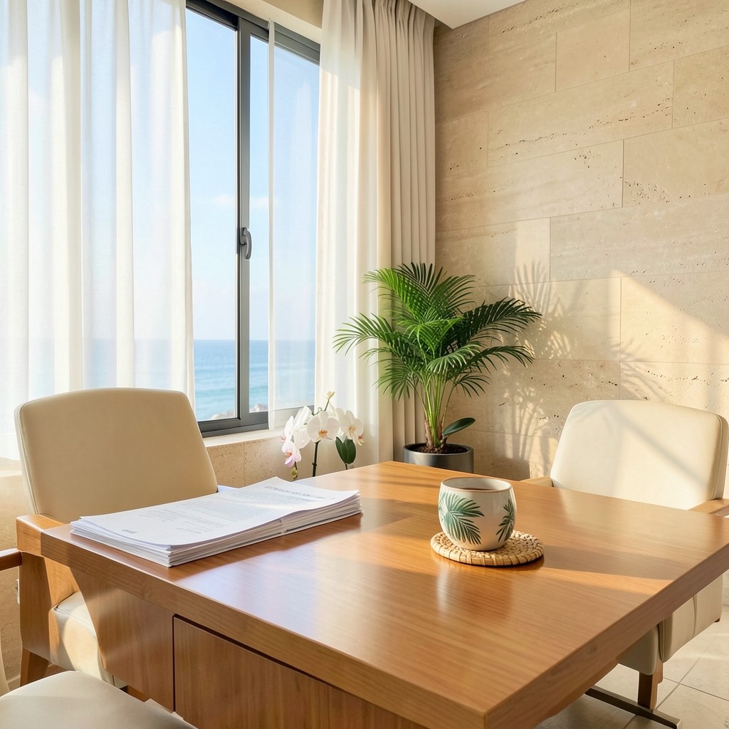 Bright Bang Lamung workspace with retention documents and soft coastal light