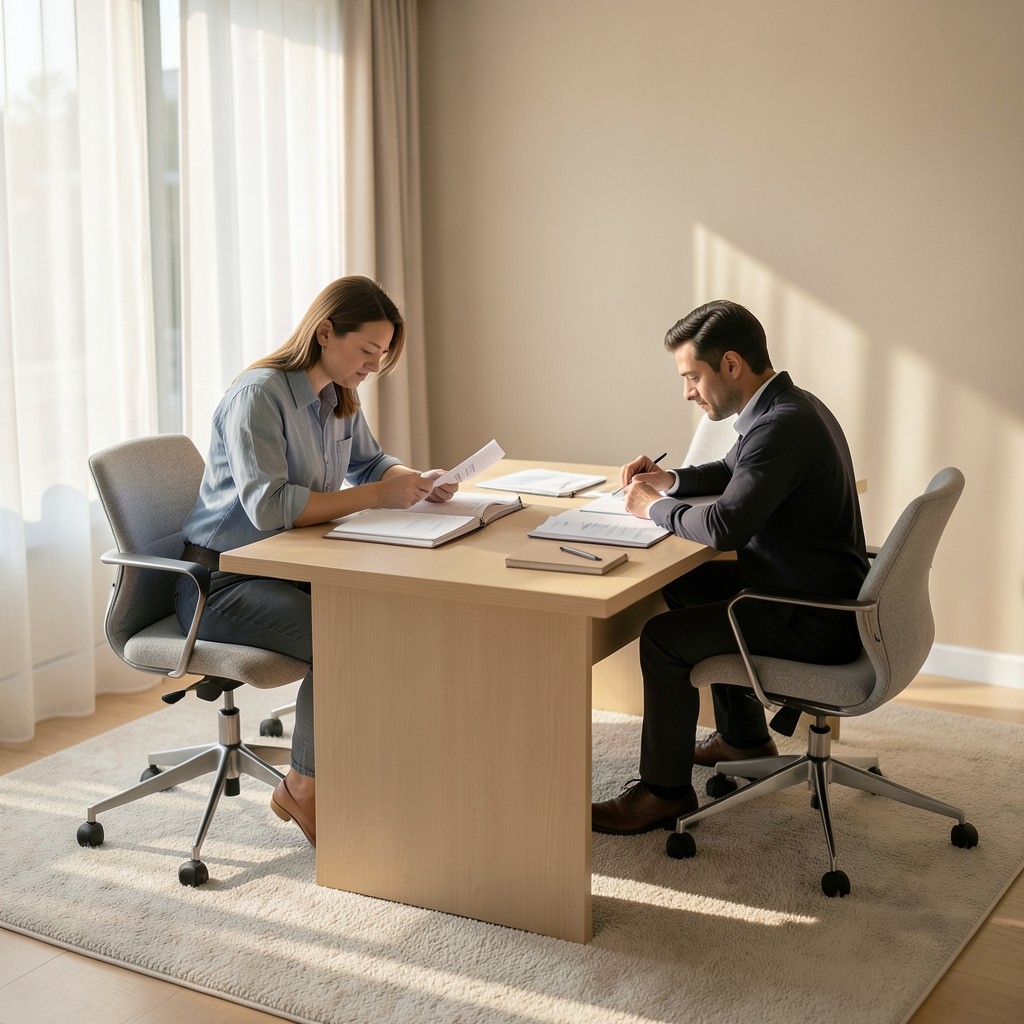 Team preparing printed briefing materials at a bright meeting table