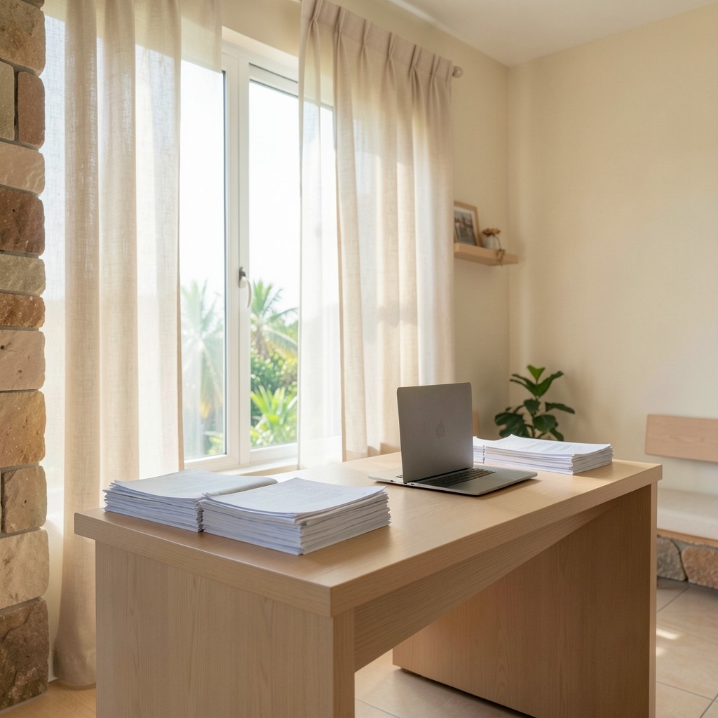 Soft daylight over a coastal Thai workspace with papers arranged for analysis