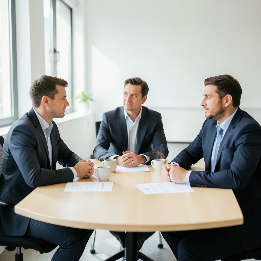 Small team seated around a table with printed retention notes during a workshop
