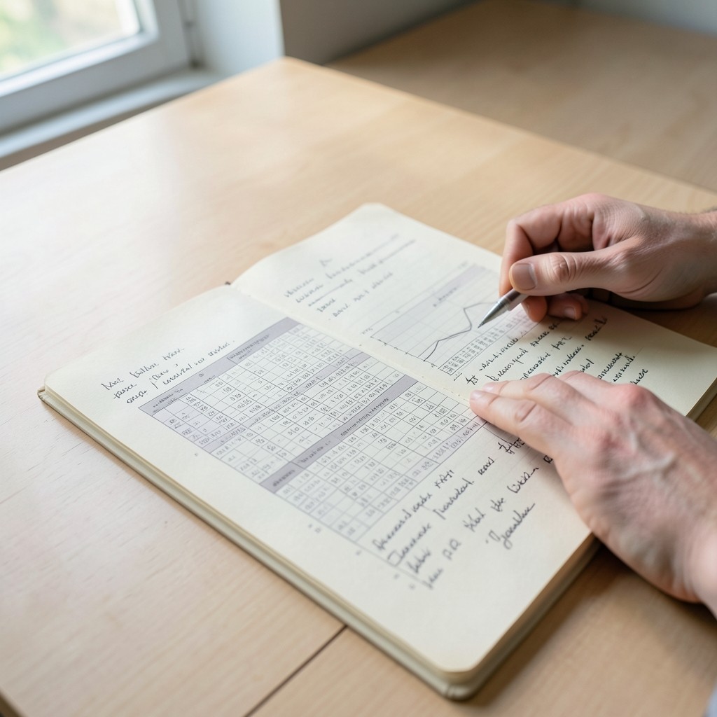 Analyst reviewing printed cohort tables beside a notebook on a light wooden desk